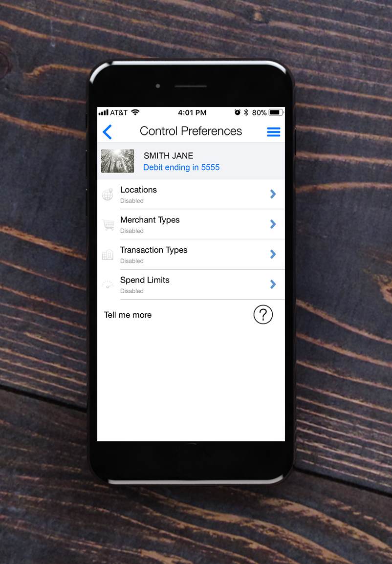 Image of Control Preferences menu in CardValet app